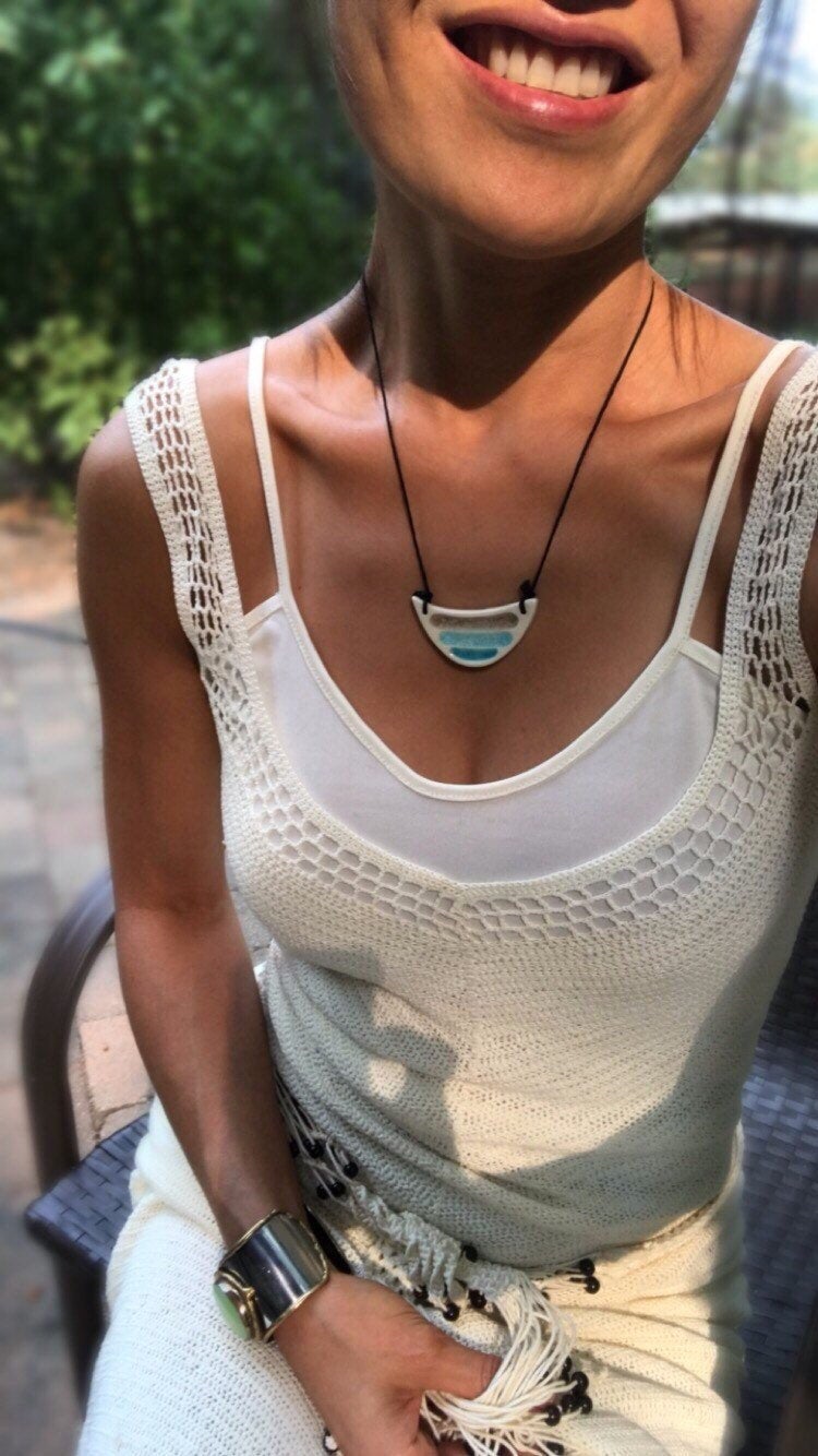 Ceramic Hand Carved Porcelain Necklace filled with Glass Frit by Galax galaxyclay