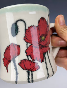 Wheel thrown and Hand Painted Poppy Porcelain Mug #13
