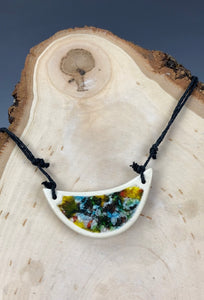 Ceramic Hand Carved Porcelain Necklace filled with Glass Frit by Galaxy Clay
