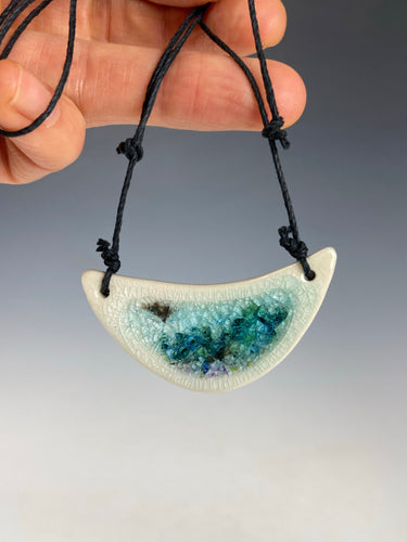 Ceramic Hand Carved Porcelain Necklace filled with Glass Frit by Galaxy Clay