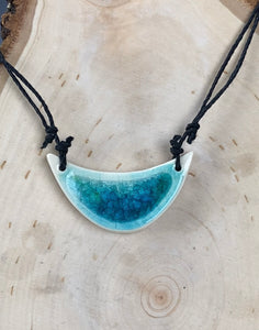 Ceramic Hand Carved Porcelain Necklace filled with Glass Frit by Galaxy Clay